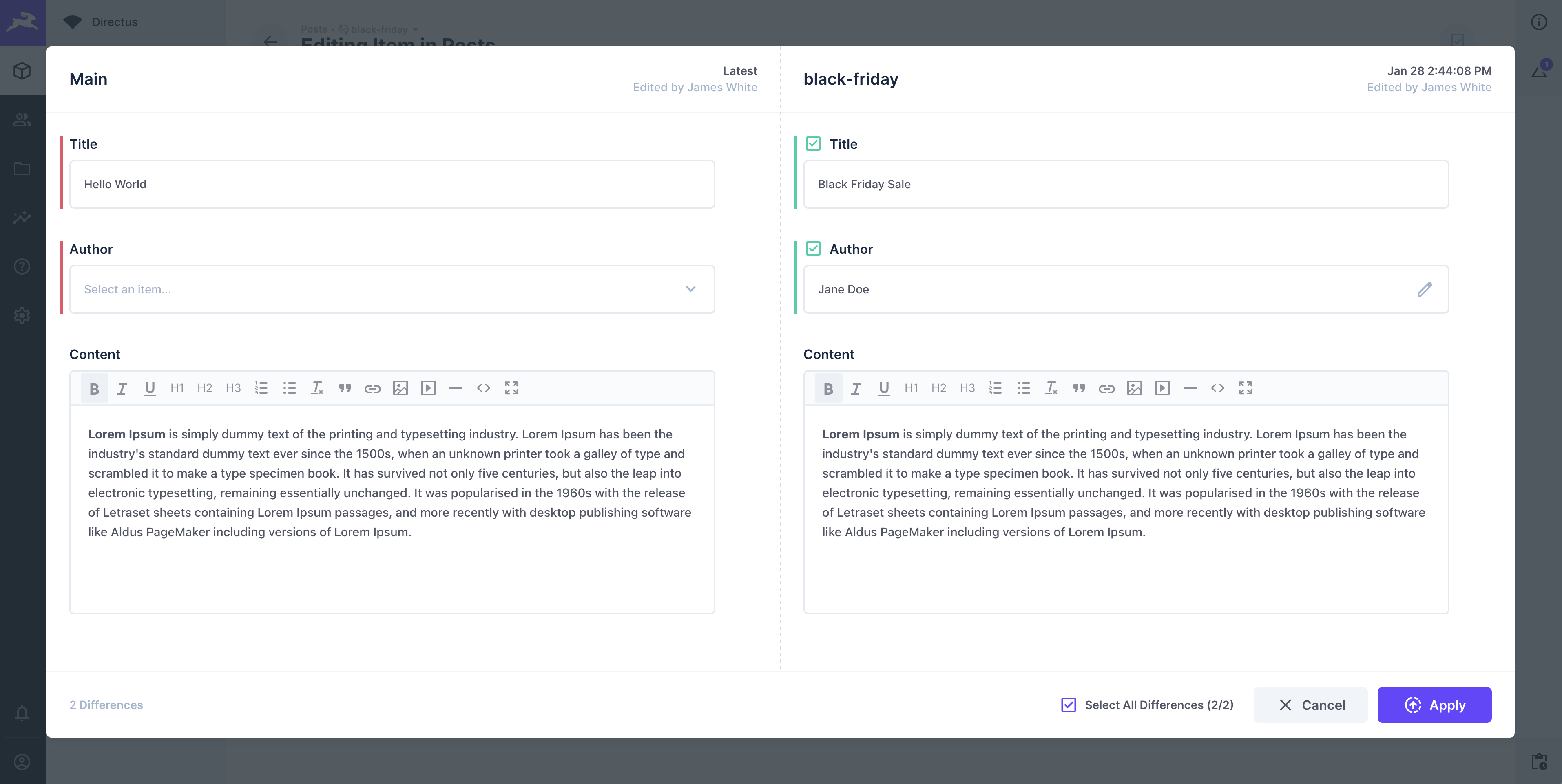Publishing a version, comparing its changes